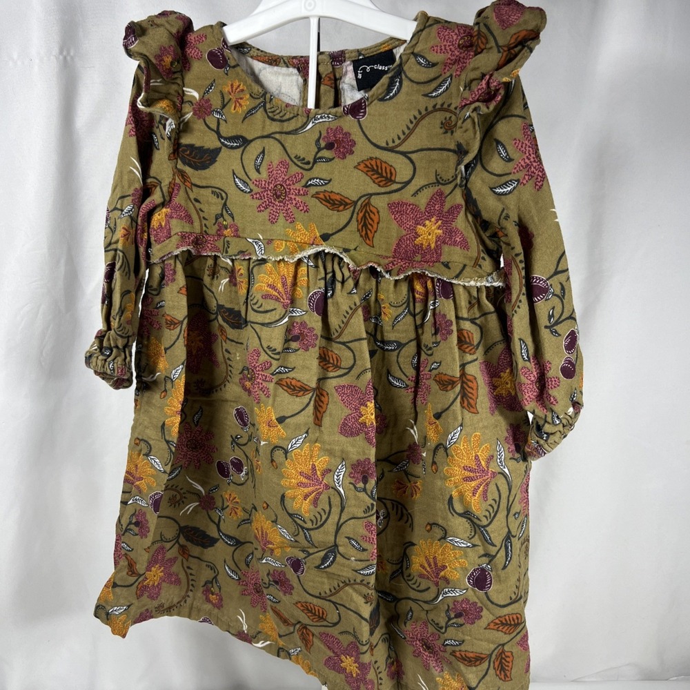 Art Class Perfect‎ Fall Dress 100% Cotton Size 18 Month Olive Color/Fall Print.